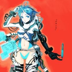 1girl ahoge bad_id bad_pixiv_id blue_eyes blue_hair cable chikokuma colored_eyelashes female_focus hologram holographic_interface maebari matching_hair/eyes orange_background pen pixiv pixiv-tan short_hair solo technology thighhighs