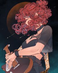 1girl artist_name belt black_pants black_shirt black_tube_top blue_eyes blush bracelet breasts choker cleavage curly_hair electric_guitar elliemaplefox gradient_background green_background grey_belt grey_choker guitar hair_bun highres holding holding_guitar holding_instrument instrument jewelry light_particles looking_at_object medium_breasts midriff music original pants playing_guitar playing_instrument profile see-through_clothes see-through_sleeves shirt smoke solo strapless sun tube_top upper_body