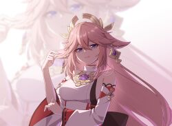 1girl artist_logo bare_shoulders breasts commentary detached_sleeves droopy_ears earrings genshin_impact hair_between_eyes headgear highres jewelry large_breasts logo long_hair looking_at_viewer luyue nontraditional_miko parted_lips pink_hair purple_eyes smile solo upper_body yae_miko zoom_layer