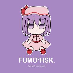 Rule 34 | 1girl, absurdres, closed mouth, collared dress, commentary request, cookie (touhou), dress, frown, full body, fumo (doll), hat, highres, hisaka (cookie), looking at viewer, mob cap, pink dress, pink hat, purple background, purple eyes, purple hair, red sash, reiji (zero), remilia scarlet, sash, short hair, simple background, solo, touhou, v-shaped eyebrows