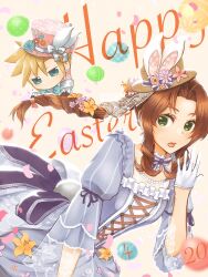 1boy 1girl aerith_gainsborough aerith_gainsborough_(classic_coney) alternate_costume animal_ears aqua_bow aqua_bowtie aqua_eyes blonde_hair blue_dress bow bowtie braid braided_ponytail breasts cait_sith_(final_fantasy) cait_sith_(final_fantasy)_(cosplay) cait_sith_(party_jacket) chibi choker cloud_strife cosplay dress dress_flower earrings easter_egg egg final_fantasy final_fantasy_vii final_fantasy_vii_ever_crisis flower frilled_dress frills gloves hair_flower hair_ornament half_gloves happy_easter hat hat_flower hat_ribbon highres jewelry kaeru_game2 lace-trimmed_veil lace_trim lily_(flower) long_dress long_hair long_sleeves medium_breasts mini_hat official_alternate_costume open_mouth parted_bangs pink_hat puffy_long_sleeves puffy_sleeves rabbit_ears rabbit_tail ribbon ribbon_choker short_hair sidelocks single_braid single_earring spiked_hair tail top_hat upper_body white_gloves yellow_flower