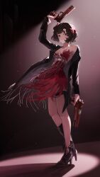Rule 34 | 1girl, absurdres, ankle boots, arm up, backlighting, black boots, black coat, black hair, boots, closed mouth, coat, dark background, dress, dual wielding, feather dress, feather hair ornament, feathers, full body, gun, hair ornament, hairband, hand up, handgun, highres, holding, holding gun, holding weapon, holster, long sleeves, looking at viewer, pingfan de mao, red dress, red eyes, red feathers, reverse:1999, schneider (reverse:1999), shadow, short dress, short hair, single bare shoulder, single off shoulder, smile, solo, spotlight, strapless, strapless dress, thigh holster, weapon, white hairband