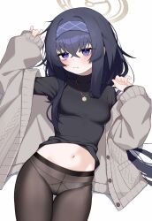 1girl absurdres black_hair black_pantyhose black_shirt blue_archive blush breasts cardigan commentary hair_between_eyes hairband halo highres jewelry long_hair looking_at_viewer navel necklace panties panties_under_pantyhose pantyhose purple_eyes shirt simple_background sleeves_past_wrists small_breasts solo stomach thigh_gap thighs ui_(blue_archive) underwear variant_set white_background xiaoyu_chiaki