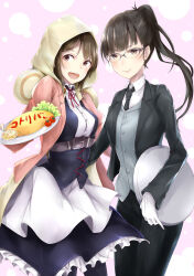 Rule 34 | 2girls, :d, aikawa miyuu, belt, black hair, black jacket, black necktie, black pants, breasts, brown hair, food, gloves, grey vest, highres, holding, holding plate, hood, jacket, long hair, long sleeves, multiple girls, necktie, occultic;nine, omelet, omurice, open mouth, pants, pink background, pink jacket, plate, ponytail, science adventure, small breasts, smile, sumikaze touko, tray, vest, waitress, white gloves, yakku