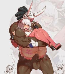 &gt;_&lt; 1boy 1girl ahegao anal black_gloves body_writing boots clothed_female_nude_male dark-skinned_male dark_skin elphelt_valentine english_text facing_viewer fingerless_gloves gloves guilty_gear guilty_gear_strive held_up hetero highres imagining large_penis miniskirt nagoriyuki nude nyantcha orgasm penis pussy pussy_juice reverse_suspended_congress sex sex_from_behind skirt speech_bubble thigh_boots thighhighs thought_bubble white_hair