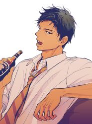 1boy a_jou adam&#039;s_apple aomine_daiki arm_up black_hair bottle collared_shirt commentary_request curled_fingers dark-skinned_male dark_skin glass_bottle holding holding_bottle kuroko_no_basuke leaning leaning_back licking_lips looking_to_the_side loose_necktie male_focus multicolored_necktie necktie open_mouth shirt sideways_glance simple_background sitting solo teeth tongue tongue_out upper_body white_background white_shirt