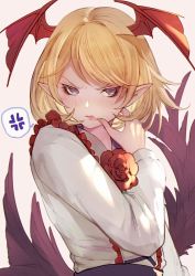 &gt;:( 1boy androgynous angry bat_wings blonde_hair blue_eyes blush cosplay crossdressing crossdressing_(mtf) eyebrows flower frilled_shirt frills granblue_fantasy lips lipstick makeup male_focus medium_hair nido_celisius pointy_ears red_flower rose shirt simple_background skirt solo trap vampire vampy vampy_(cosplay) veight white_shirt wings wiping_mouth