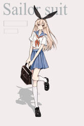 1girl alternate_costume bag black_shoes blonde_hair blue_sailor_collar blue_skirt brown_hair commentary_request full_body grey_background highres kantai_collection leg_up loafers long_hair neckerchief noriii pleated_skirt red_neckerchief sailor_collar school_uniform serafuku shadow shimakaze_(kancolle) shoes short_sleeves simple_background skirt socks solo standing white_socks