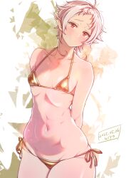 1girl arms_behind_back bikini breasts closed_mouth commentary_request dated elf gold_bikini grey_hair highres kiyo_(a_sam_ko) light_smile micro_bikini mushoku_tensei navel pointy_ears red_eyes short_hair side-tie_bikini_bottom small_breasts solo swimsuit sylphiette_(mushoku_tensei) very_short_hair virtual_youtuber