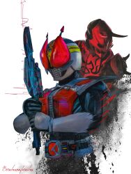 Rule 34 | 1boy, absurdres, armor, belt buckle, black bodysuit, bodysuit, buckle, colored skin, compound eyes, den-o belt, electricity, grey helmet, helmet, highres, holding, holding sword, holding weapon, horns, kamen rider, kamen rider den-o, kamen rider den-o (series), momotaros, obakelope0530, power armor, red armor, red eyes, red skin, rider belt, sword, weapon, white background