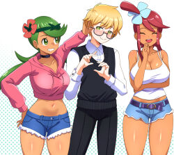 Rule 34 | 1girl, 2girls, black-framed eyewear, black choker, black pants, black vest, blonde hair, breasts, choker, cleavage, closed eyes, closed mouth, collarbone, collared shirt, crop top, cropped hoodie, dark-skinned female, dark skin, denim, denim shorts, eyebrows hidden by hair, eyes visible through hair, flower, glasses, green eyes, green hair, green hairband, hair flower, hair ornament, hairband, hood, hoodie, large breasts, long bangs, long hair, looking at another, mallow (pokemon), multiple girls, navel, nintendo, open mouth, original, pants, pink hoodie, playing with another&#039;s hair, pokemon, pokemon bw, pokemon sm, red hair, shirt, short shorts, shorts, skyla (pokemon), smile, standing, tank top, teeth, thighs, very long hair, vest, white background, white tank top, zuchysdraws