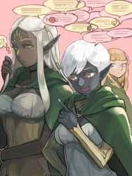 3girls black_skin blonde_hair blue_eyes breasts choker cithis cloak colored_skin dark-skinned_female dark_elf dark_skin dungeon_meshi edo_mond_(edoedoedomond) elf facial_mark flamela forehead_mark gorget green_cloak grey_hair highres hood hooded_cloak jewelry large_breasts long_hair long_sleeves medium_breasts multiple_girls notched_ear orange_eyes pattadol pink_background pointy_ears short_hair speech_bubble thought_bubble upper_body white_hair yellow_eyes