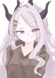 Rule 34 | 1girl, absurdres, ahoge, blue archive, blush, demon girl, demon horns, hair ornament, hairclip, highres, hina (blue archive), horns, long hair, looking at viewer, purple eyes, simple background, solo, takamalu08 12, upper body, white background, white hair