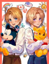 2boys aged_down ahoge america_(hetalia) american_flag axis_powers_hetalia bee blonde_hair blue_butterfly blue_eyes blue_pants blush border brown_pants bug butterfly canada_(hetalia) canadian_flag child closed_mouth cloud collared_shirt commentary_request cowboy_shot disney en_llll france_(hetalia) heart highres holding holding_stuffed_toy insect long_sleeves looking_at_viewer male_focus mickey_mouse multiple_boys open_mouth outside_border pants pooh puffy_long_sleeves puffy_sleeves purple_eyes rainbow red_border shadow shirt short_hair smile standing star-shaped_pupils star_(symbol) star_sticker stuffed_animal stuffed_toy sun suspenders symbol-shaped_pupils teddy_bear teeth united_kingdom_(hetalia) white_background white_shirt winnie_the_pooh