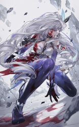 1girl bare_shoulders between_breasts blood blood_on_clothes blood_on_face blood_on_hands blood_splatter boots breasts commentary crystal_shards debris dress dutch_angle elbow_gloves english_commentary fighting_stance floating_hair genshin_impact gloves gradient_gloves gradient_thighhighs hair_between_eyes hair_ornament halter_dress halterneck hand_on_ground high_heel_boots high_heels highres holding holding_sword holding_weapon long_hair looking_ahead medium_breasts on_one_knee parted_lips purple_gloves purple_thighhighs red_eyes rock short_dress skirk_(genshin_impact) sleeveless sleeveless_dress solo sword thighhighs to_e v-shaped_eyebrows very_long_hair weapon white_background white_dress white_hair