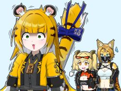+_+ 3girls animal_ears benis_zzz black_jacket black_shirt black_tube_top blonde_hair blue_background blue_bow bow breasts burnice_white cheetah_girl cleavage commentary_request drooling eyewear_on_head furry furry_female green_eyes highres jacket jewelry ju_fufu long_hair mask midriff mouth_mask multiple_girls necklace open_mouth orange_hair orange_jacket puff_of_air pulchra_fellini red-tinted_eyewear red_eyes scared shirt simple_background smile stiff_tail strapless sunglasses tail tail_bow tail_ornament tiger_ears tiger_girl tiger_tail tinted_eyewear tube_top twintails yellow_fur zenless_zone_zero