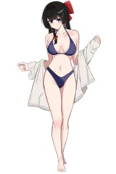1girl absurdres bare_legs bare_shoulders barefoot bikini black_hair blue_bikini blue_eyes bow breasts closed_mouth full_body hair_bow hair_ornament hairclip halterneck highres jacket l_min109 long_hair looking_at_viewer medium_breasts navel off_shoulder shirayuki_hina simple_background smile solo standing stellive stomach string_bikini swimsuit thighs virtual_youtuber white_background white_jacket