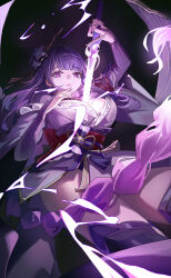 Rule 34 | 1girl, absurdres, breasts, bridal gauntlets, commentary, cowboy shot, dark background, electricity, english commentary, fingernails, genshin impact, hair ornament, hand up, highres, human scabbard, japanese clothes, kimono, large breasts, long hair, low-braided long hair, low-tied long hair, mole, mole under eye, musou isshin (genshin impact), nail polish, parted lips, purple bridal gauntlets, purple eyes, purple hair, purple kimono, purple nails, purple thighhighs, raiden shogun, solo, thighhighs, thighs, very long hair, wuzhihuijia