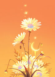 bug butterfly crescent_moon dandelion flower highres huhv. insect moon no_humans orange_background original plant scenery still_life white_flower yellow_flower