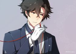 1boy brown_hair ebbilin eyelashes gloves hair_between_eyes han_jumin long_sleeves male_focus parted_lips purple_background shirt solo string string_around_finger string_of_fate susanghan_messenger upper_body white_gloves white_shirt