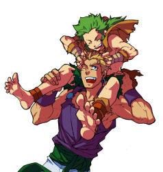 2boys ankle_wrap barefoot blonde_hair carrying feet final_fantasy final_fantasy_vi gau green_hair male_focus multiple_boys muscular muscular_male piggyback ponytail sabin_rene_figaro shawl
