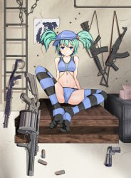 1girl 40x46_lv_hedp_m433 40x46mm_lv ak-47 ammunition aqua_hair assault_rifle bad_id bad_pixiv_id blue_eyes blue_panties bullet bullet_hole carbine chain desert_eagle dual-mode_shotgun explosive feet female_focus grenade grenade_cartridge grenade_launcher gun gun_sling handgun hat kalashnikov_rifle kawashiro_nitori key ladder m4_carbine milkor_mgl mongol_3ch navel panties pistol poster_(object) pump-action_shotgun pump_action revolver_grenade_launcher rifle semi-automatic_shotgun shotgun sitting smile solo spas-12 sports_bra spread_legs striped_clothes striped_thighhighs takiteru thighhighs touhou underwear underwear_only weapon
