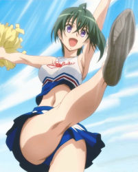 00s 1girl ahoge anime_screenshot armpits bare_shoulders breasts cheerleader from_below green_hair highres kannagi_itsuki kneepits legs open_mouth outdoors panties purple_eyes sideboob sora_wo_kakeru_shoujo stitched thighs third-party_edit underwear upskirt wide_hips