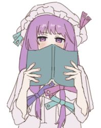 Rule 34 | 1girl, aqua bow, aqua ribbon, blue bow, blush, book, bow, bun cover, capelet, commentary request, covered mouth, double bun, dress, fingernails, flat color, frilled headwear, hair bow, hair bun, hat, hat ribbon, highres, holding, holding book, long hair, long sidelocks, long sleeves, looking at viewer, mob cap, multiple hair bows, norichiizu, open book, patchouli knowledge, purple bow, purple capelet, purple dress, purple eyes, purple hair, purple hat, purple ribbon, purple robe, ribbon, robe, shy, sidelocks, simple background, solo, star (symbol), star print, straight hair, three-quarter sleeves, touhou, upper body, white background