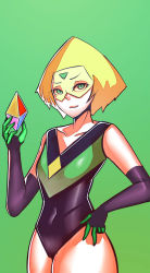 1girl :3 alternate_costume cartoon_network crystal elbow_gloves female_focus forehead_jewel gloves green_background green_eyes green_hair hand_on_own_hip highres jasper_(steven_universe) leotard looking_at_viewer matching_hair/eyes peridot_(steven_universe) solo steven_universe visor zxc