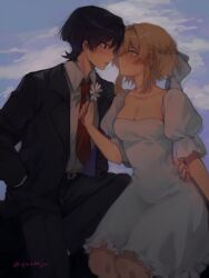 Rule 34 | 1boy, 1girl, alternate costume, alternate hairstyle, arm at side, belt, belt buckle, black belt, black eyes, black hair, black jacket, black pants, black suit, blonde hair, blue sky, blunt ends, blush, braid, buckle, closed mouth, cloud, cloudy sky, collarbone, collared shirt, contemporary, daisy (flower), dress, dress shirt, eye contact, eyelashes, face-to-face, flower, formal clothes, frilled dress, frills, genshin impact, groin, half-closed eyes, half up half down braid, hand in pocket, hand on another&#039;s hip, hand up, highres, holding, holding flower, jacket, lapels, looking at another, lumine (genshin impact), necktie, open clothes, open jacket, pants, parted lips, puffy sleeves, red necktie, scaramouche (genshin impact), shirt, short hair, short hair with long locks, sidelocks, sitting, sky, smile, strapless, strapless dress, suit, suit jacket, tsurime, twitter username, white dress, white flower, white mouth, white shirt, white sleeves, yellow eyes, yunhhj