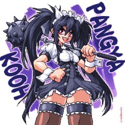 1girl artist_name bad_link black_hair breasts character_name hair_between_eyes hand_on_own_hip highres holding holding_weapon j.raido kooh long_hair mace maid maid_headdress medium_breasts open_mouth pangya panties pantyshot pixel_art puffy_short_sleeves puffy_sleeves red_eyes short_sleeves skirt smile solo standing teeth thighhighs twintails underwear upper_teeth_only very_long_hair weapon white_panties wrist_cuffs