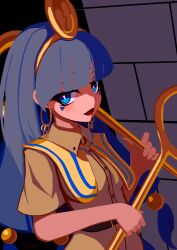 1girl belt belt_buckle black_belt black_hair blue_eyes brodall_pixel brown_pants brown_shirt buckle collared_shirt earrings facial_mark gold gold_hairband hair_bobbles hair_ornament hairband highres holding holding_scepter hoop_earrings jewelry long_hair looking_at_viewer looking_to_the_side michigami_nareko pants scepter shirt touhou triangle triangle_facial_mark upper_body usekh_collar