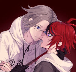 2boys ahoge aotsuki_eito black_gloves blade_to_throat blue_eyes drawstring eye_contact glasses gloves grey_hair hands_on_another&#039;s_neck hood hooded_jacket hoodie jacket looking_at_another male_focus multicolored_hair multiple_boys parted_lips red_background red_hair seiran_yoroz short_hair small_sweatdrop streaked_hair sumino_takumi teeth the_hundred_line_-last_defense_academy- upper_body white_jacket