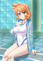 1girl absurdres bare_legs blue_jacket blush breasts closed_mouth collarbone competition_swimsuit covered_navel els female_focus green_eyes gym_leader hand_on_own_chest hand_up highleg highres indoors jacket large_breasts legs long_sleeves looking_at_viewer medium_breasts misty_(pokemon) navel nintendo one-piece_swimsuit open_clothes open_jacket orange_hair partially_submerged pokemon pokemon_gsc pokemon_hgss pool poolside short_hair sitting smile soaking_feet solo sportswear swimsuit thick_thighs thighs tile_floor tiles track_jacket water white_one-piece_swimsuit