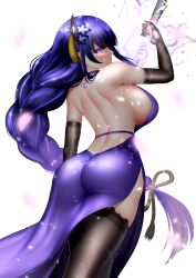 1girl alternate_costume ass backless_dress backless_outfit bare_back black_gloves black_thighhighs braid breasts chinese_commentary commentary_request dress elbow_gloves flower from_behind genshin_impact gloves hair_between_eyes hair_flower hair_ornament hand_up highres human_scabbard large_breasts long_hair looking_at_viewer looking_back mepurin_(scarlet59833) mole mole_under_eye musou_isshin_(genshin_impact) purple_dress purple_eyes purple_flower purple_hair raiden_shogun shoulder_blades sideless_dress simple_background solo thighhighs very_long_hair white_background