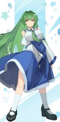 1girl absurdres bare_shoulders black_shoes blue_skirt breasts closed_mouth collared_shirt detached_sleeves dot_nose double-parted_bangs facing_viewer frog_hair_ornament green_eyes green_hair hair_intakes hair_ornament hair_tubes high-waist_skirt highres hirachill16 kneehighs knees kochiya_sanae large_breasts loafers long_hair long_skirt long_sleeves looking_at_viewer shirt shoes single_hair_tube single_sidelock skirt skirt_set sleeve_bow sleeveless sleeveless_shirt smile snake_hair_ornament socks solo star_(symbol) touhou very_long_hair wide_sleeves wing_collar