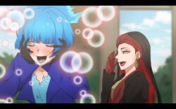 Rule 34 | 2girls, animification, black hair, blue hair, blue lips, brown hair, disneyland, dress, earrings, farja, feather necklace, formal clothes, gloves, jewelry, lipstick, long hair, long sleeves, makeup, ms. hades, multiple girls, necklace, okoge1138, red gloves, smile