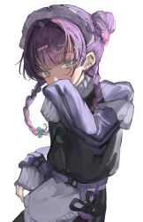 1girl absurdres apron barbell_piercing blush braid covering_own_mouth demon_tail double_bun ear_piercing earrings fingernails floral_print_jacket green_eyes hair_bun highres hololive industrial_piercing jacket jewelry kafune leg_warmers looking_at_viewer maid maid_apron maid_headdress multicolored_hair nail_polish official_alternate_costume official_alternate_hairstyle piercing purple_hair purple_nails shorts shorts_under_skirt simple_background skirt sleeves_past_wrists solo striped_clothes striped_shorts striped_skirt tail tail_ornament tail_piercing tokoyami_towa tokoyami_towa_(8th_costume) track_jacket twin_braids two-tone_hair unconventional_maid white_background