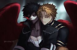 2boys beard_stubble black_hair blonde_hair blue_eyes boku_no_hero_academia burn_scar closed_mouth dabi_(boku_no_hero_academia) earrings facial_hair feathered_wings feathers hashtag-only_commentary hawks_(boku_no_hero_academia) highres hug hug_from_behind jewelry looking_at_another male_focus multiple_boys red_feathers red_wings saika076 scar scar_on_face short_hair sideburns spiked_hair stapled stubble twitter_username upper_body wings yellow_eyes