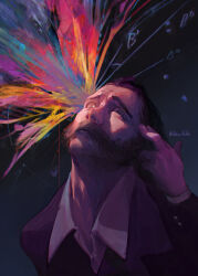 1boy absurdres arm_up astrianabla black_jacket brown_hair buttoned_cuffs buttons closed_mouth collared_shirt commentary disco_elysium english_commentary facial_hair fingernails harry_du_bois highres jacket layered_sleeves looking_to_the_side male_focus mutton_chops open_collar pointing pointing_at_self shirt sideways_glance solo suit_jacket uneven_eyes white_shirt wing_collar