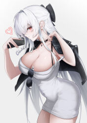1girl absurdres black_bow black_choker black_jacket bow breasts choker cinderella_(beautiful_me)_(nikke) cinderella_(nikke) cleavage collarbone covered_navel dongtan_dress dress eyewear_hang goddess_of_victory:_nikke haerang hair_bow hair_intakes hair_over_one_eye highres holding holding_phone jacket jacket_on_shoulders jewelry large_breasts long_hair looking_at_viewer meme_attire official_alternate_costume phone simple_background solo strapless strapless_dress sunglasses tight_clothes tight_dress unworn_eyewear white_background white_dress white_hair