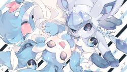 :d alternate_color animal_focus blue_eyes blue_fur blue_theme bright_pupils claws commentary commission creatures_(company) fangs game_freak gen_4_pokemon gen_6_pokemon glaceon hideko_(l33l3b) highres looking_at_viewer lying moon_ball mouth_hold nintendo no_humans on_back on_stomach open_mouth pink_eyes poke_ball pokemon pokemon_(creature) reaching reaching_towards_viewer ribbon ribbon_in_mouth shiny_pokemon signature smile sparkle striped_background sylveon symbol-only_commentary twitter_username white_pupils