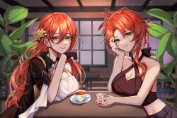Rule 34 | 2girls, absurdres, black coat, black gloves, black shorts, breasts, cleavage, coat, coffee, coffee mug, color connection, company connection, crop top, cup, dress, drinking glass, earrings, evangellium, gloves, hair color connection, hand on own cheek, hand on own face, highres, himeko (honkai: star rail), honkai: star rail, honkai (series), honkai impact 3rd, indoors, jewelry, large breasts, long hair, mug, multiple girls, murata himeko, name connection, orange eyes, red hair, shorts, smile, tanaka rie, voice actor connection, white dress, wine glass
