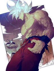 Rule 34 | 2boys, abs, artist name, biceps, brown horns, cloud, colored skin, crossed arms, curled horns, demon horns, dougi, dragon ball, dragon ball super, horns, looking at another, male focus, moro (dragon ball), mountain, multiple boys, muscular, muscular male, ommmyoh, open mouth, orange pants, pants, parted lips, pectorals, pointy ears, signature, sky, smile, smirk, son goku, spiked hair, topless male, torn clothes, twitter username, ultra instinct, v-shaped eyebrows, veins, white background, white hair, wristband