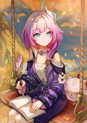 1girl absurdres bare_shoulders blue_eyes book book_on_lap breasts chimera_(honkai:_star_rail) closed_mouth coat collarbone commentary_request cyrene_(honkai:_star_rail) dress hair_ornament highres holding holding_pen honkai:_star_rail honkai_(series) isome long_sleeves medium_hair on_swing open_book pen pink_hair pink_pupils purple_coat sitting small_breasts smile solo swing white_dress