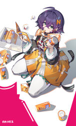 1girl absurdres ahoge artist_name belle_(delicate_sunlight)_(zenless_zone_zero) belle_(zenless_zone_zero) can chinese_text green_eyes hair_between_eyes hair_ornament highres holding holding_can jacket looking_at_viewer pantyhose purple_hair short_hair solo white_pantyhose yueguang_xiaofeiyang zenless_zone_zero