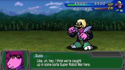 bird bracelet colored_skin copyright_name deltarune dialogue_box duck fake_screenshot gameplay_mechanics heads-up_display health_bar highres jewelry kittehkat8 mecha mecha_focus meme outdoors parody pink_skin portrait reptile_girl robot spiked_bracelet spikes srw_battle_screen super_robot_wars susie_(dark_world)_(deltarune) susie_(deltarune) thrash_machine user_interface