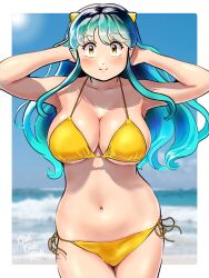 1girl bikini breasts cleavage day green_hair highres horns kenken28937178 large_breasts long_hair looking_at_viewer lum navel oni smile solo swimsuit urusei_yatsura yellow_bikini yellow_eyes