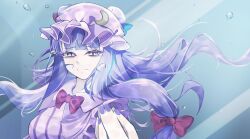 1girl blue_bow bow breasts crescent hair_bow hat highres long_hair looking_at_viewer maaakaronii mob_cap patchouli_knowledge pov purple_eyes purple_hair purple_hat red_bow reflection solo tearing_up touhou