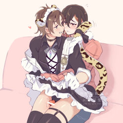 2boys animal_ears bar_censor black_thighhighs blush brown_eyes brown_hair censored choker dress eiden_(nu_carnival) frilled_dress frills frottage gloves heart hug hug_from_behind leopard_ears leopard_tail maid_headdress multicolored_hair multiple_boys niwa_(niwa827) nu_carnival panties pantyshot penis pink_eyes precum sitting sitting_on_lap sitting_on_person smile tail tearing_up thigh_sex thighhighs thighs underwear watermark yakumo_(nu_carnival) yaoi